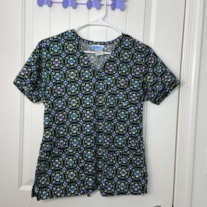 EUC SB Scrubs women’s green navy floral print v-neck‎ tie back pocket scrub top